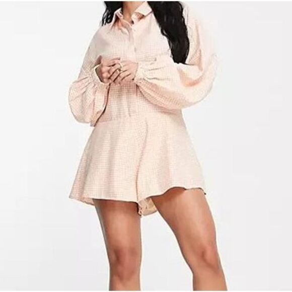 96 Missguided shirt romper Playsuit in peach gingham sz 12 - Picture 2 of 2